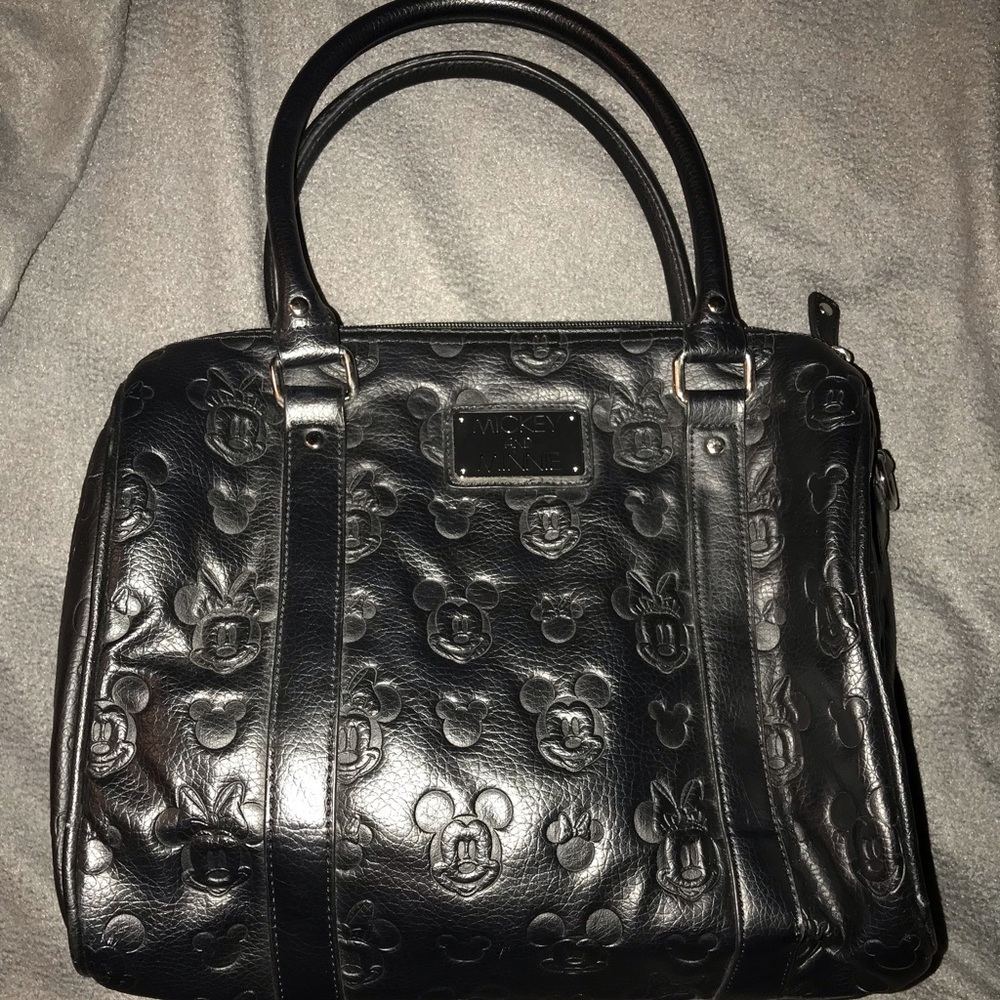 LoungeFly Mickey & Minnie Print Leather Handbag